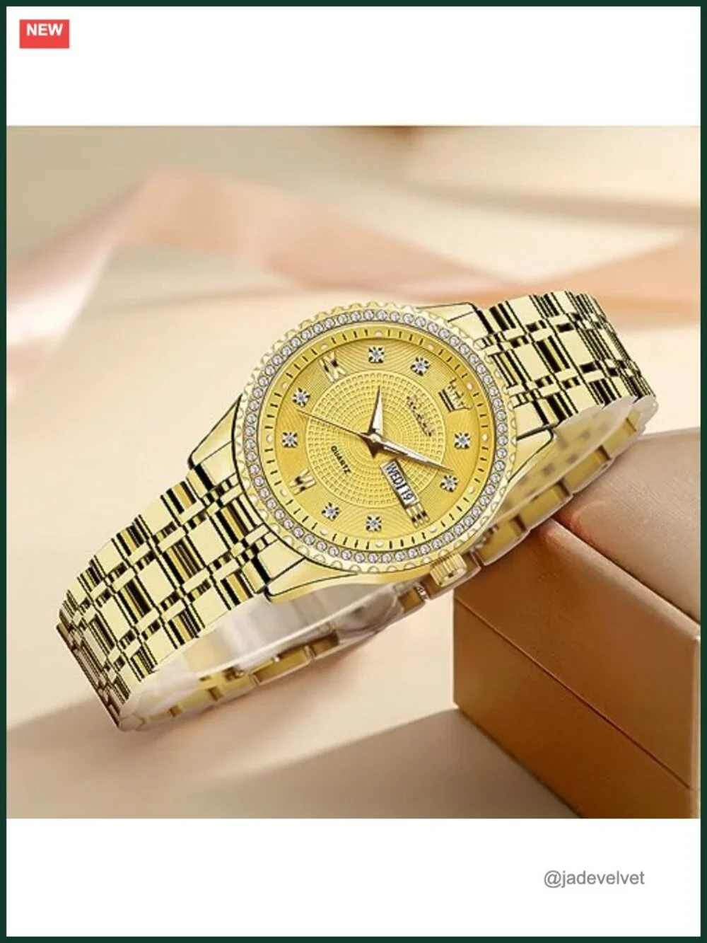 Small Gold Stainless Steel Womens Watch Day Date Luminous Diamond Bezel